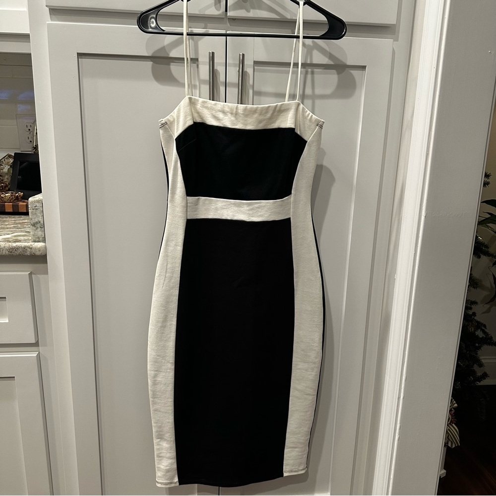 Elegant Midi  Black and White Spaghetti Strap Cocktail Dress